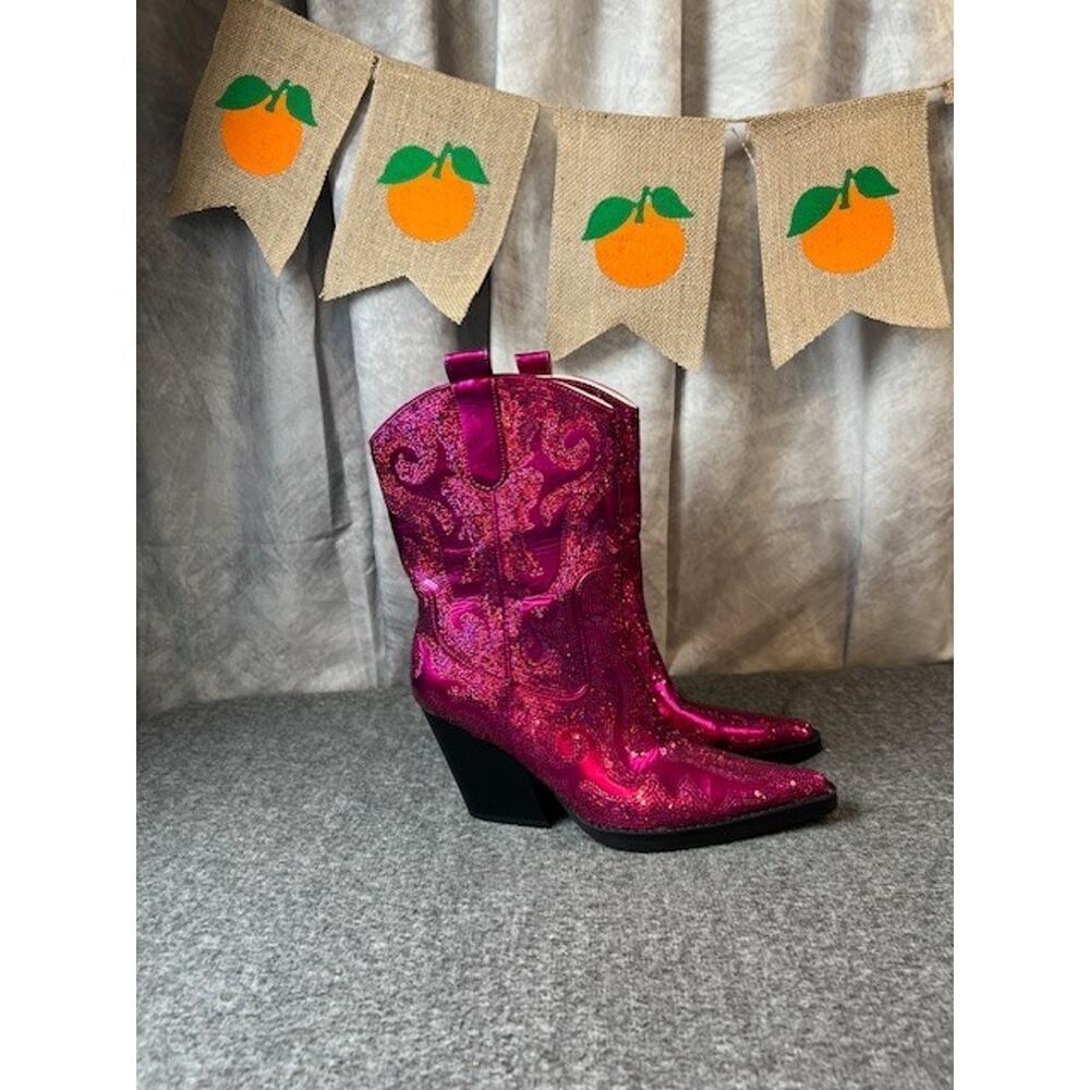 Azalea Wang Merril Sequin Pink Fuchsia Western Boots Size 7.5 - Picture 3 of 9